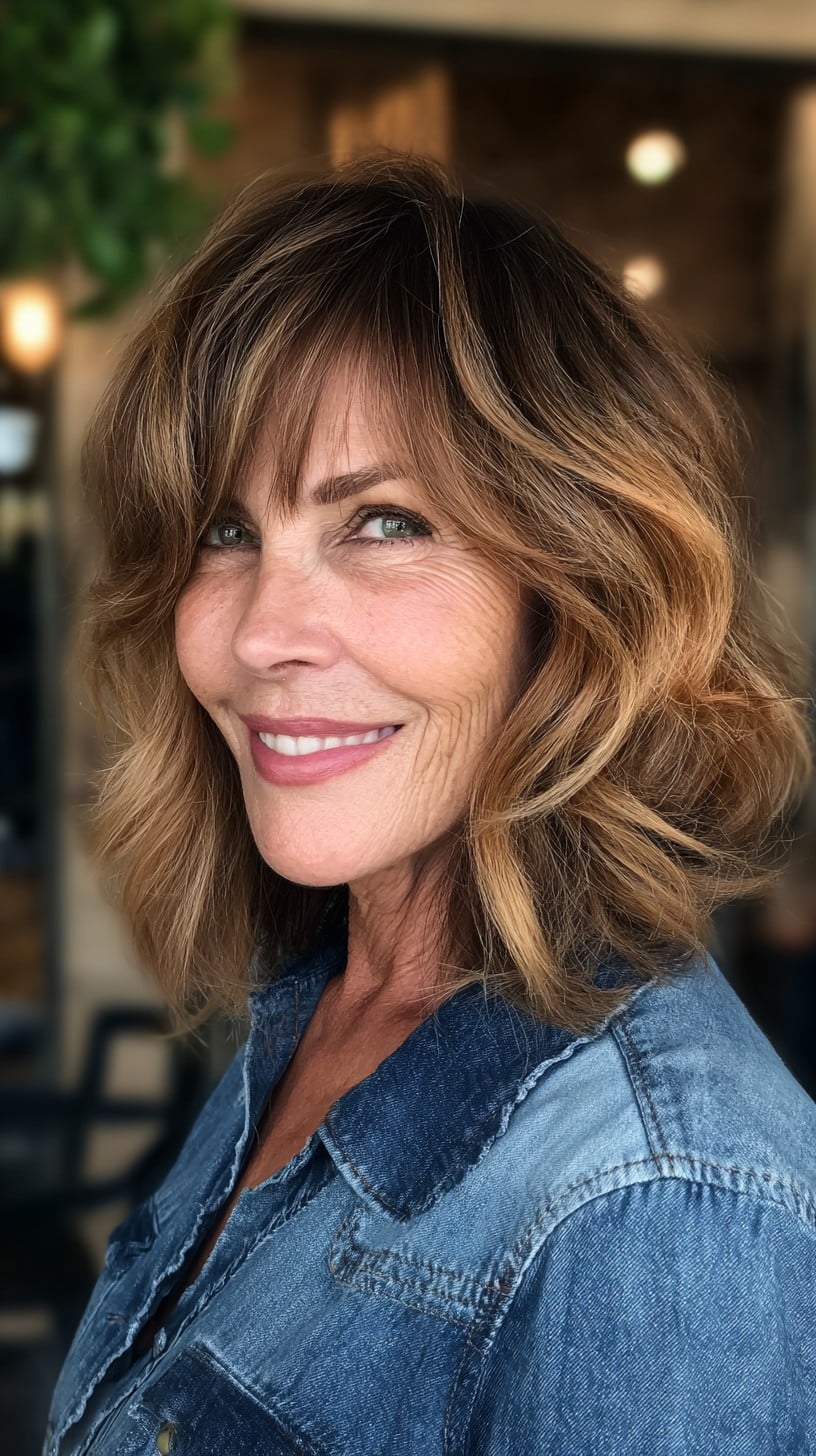 Caramel Face-Framing Layered Bob with Soft Curtain Bangs
