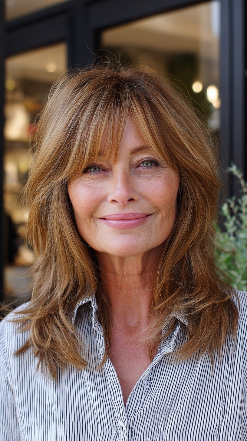 Caramel Layered Shag with Soft Face-Framing Fringe