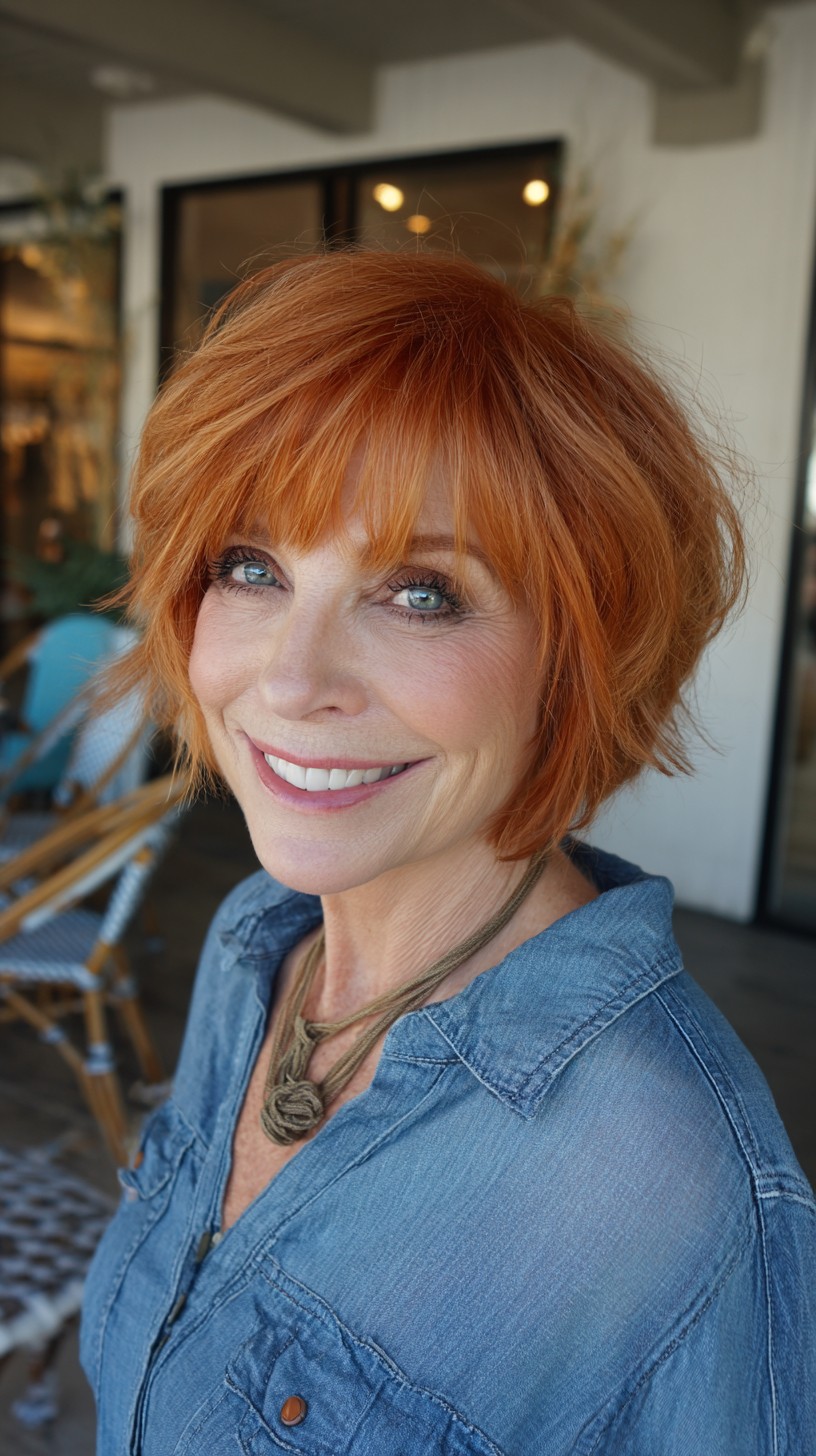 Chic Copper Textured Short Bob with Wispy Brow-Grazing Fringe