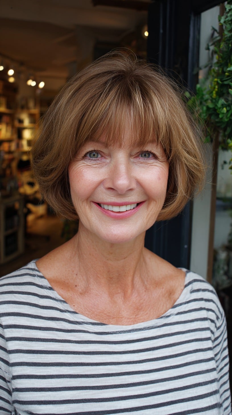 Chin-Length Caramel Graduated Bob with Wispy Straight Fringe