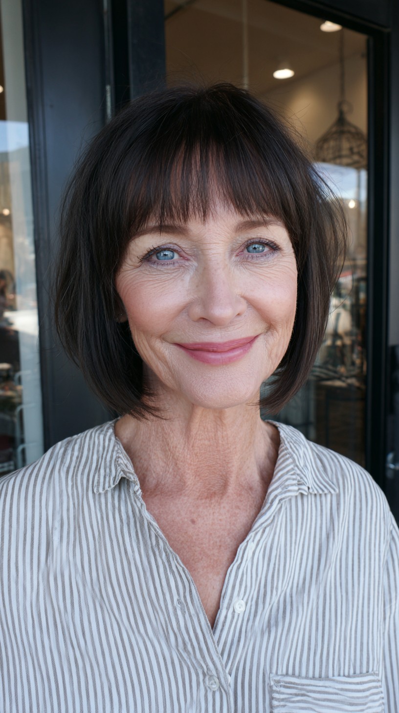 Dark Brunette Chin-Length Bob with Wispy See-Through Fringe