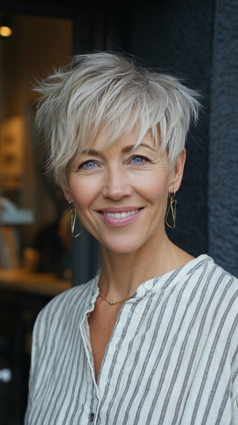 Feathered Platinum Pixie with Side-Swept Micro Fringe