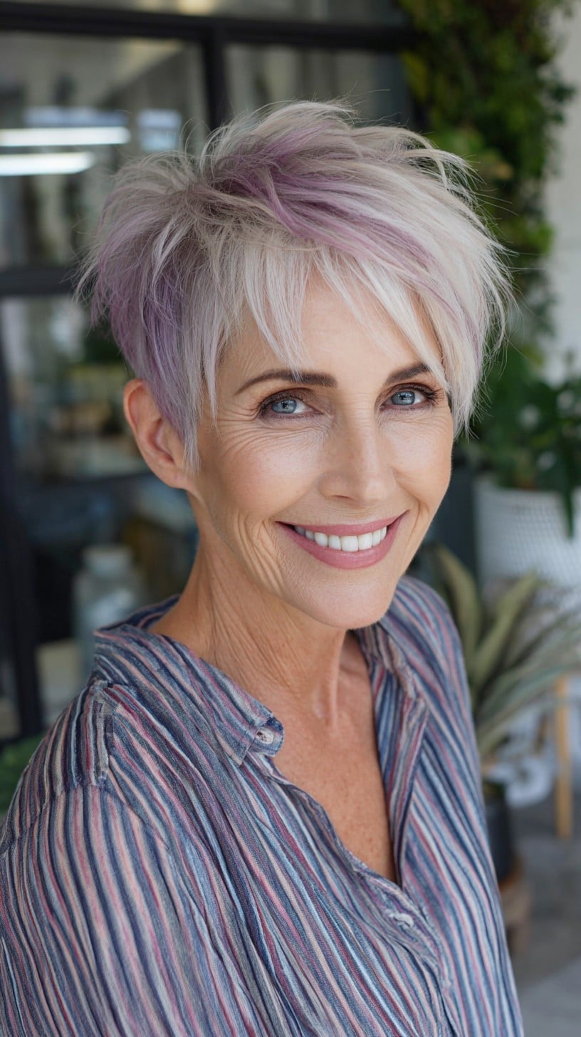 Feathered Platinum Pixie with Soft Lilac Crown Streaks