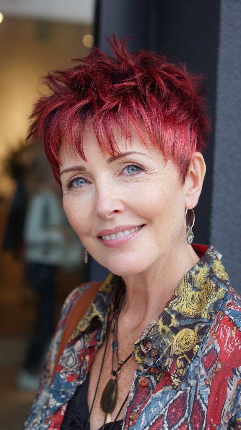 Fiery Cherry Choppy Pixie with Stacked Tapered Nape