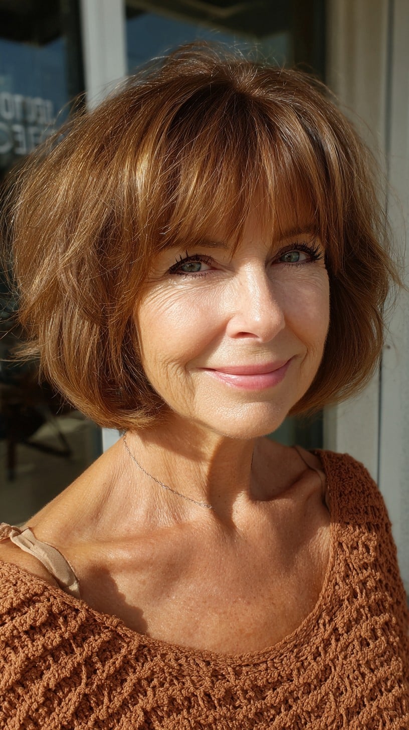 Glossed Chestnut Chin-Length Bob with Feathered Brow-Grazing Fringe