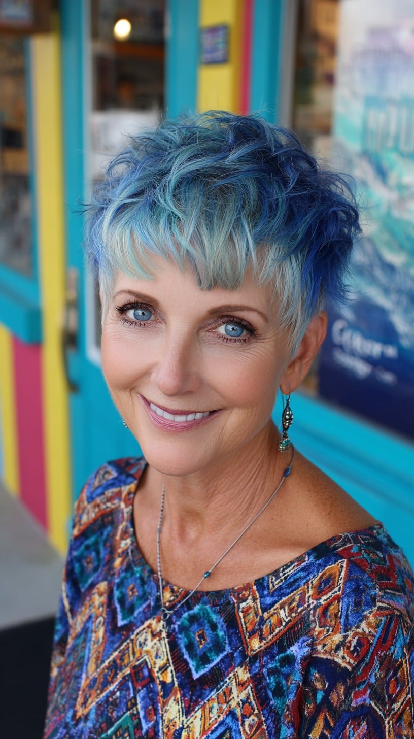 Icy Cobalt Textured Pixie with Micro Fringe