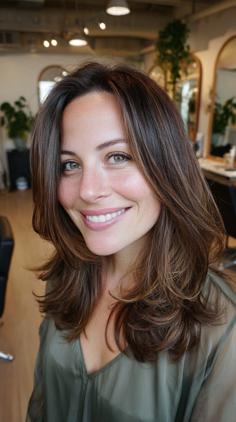 Mocha Balayage Mid-Length Hush Cut with Soft Curtain Frame