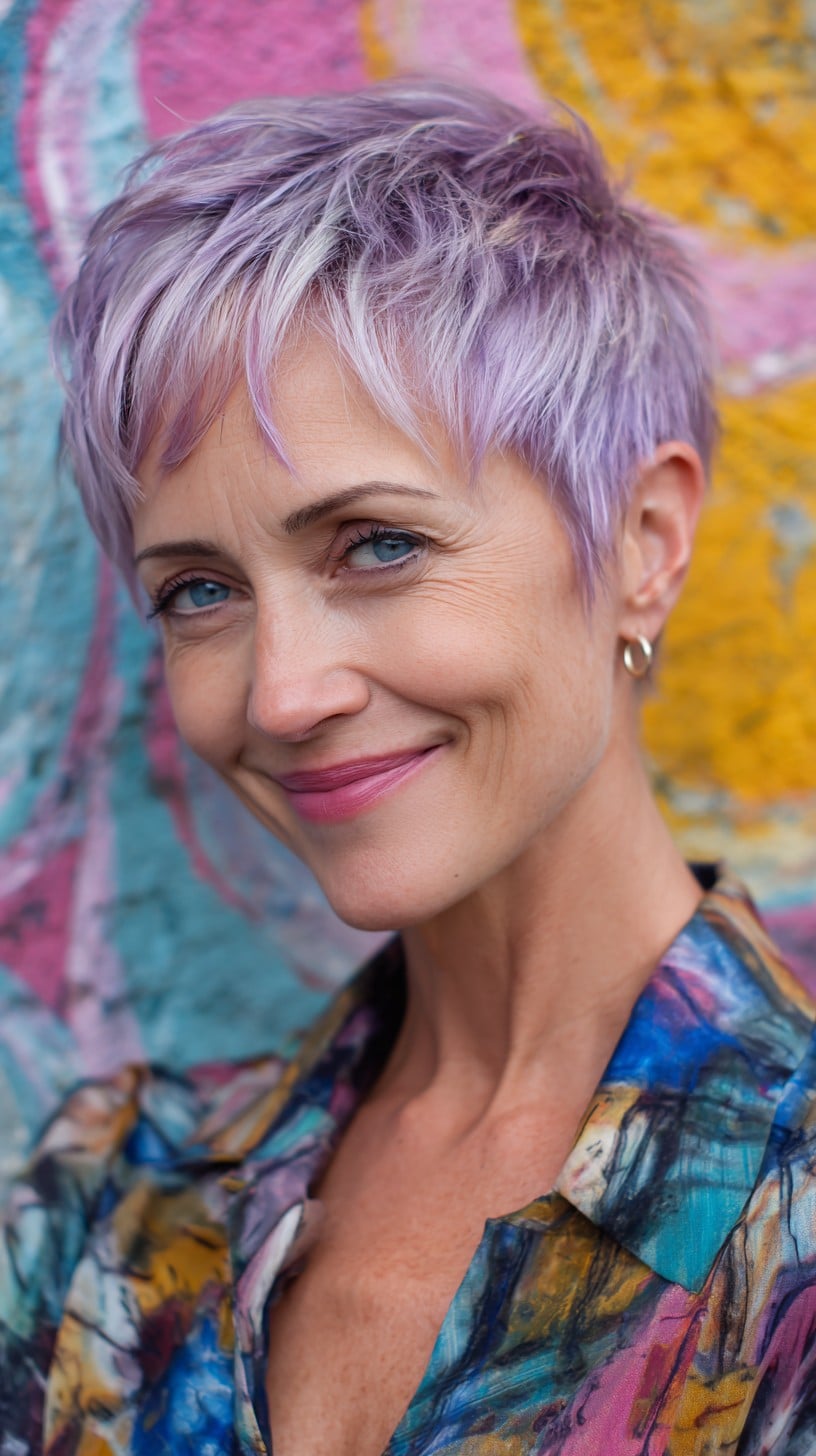 Pastel Lilac Choppy Cropped Pixie with Micro-Fringe and Root Shadow