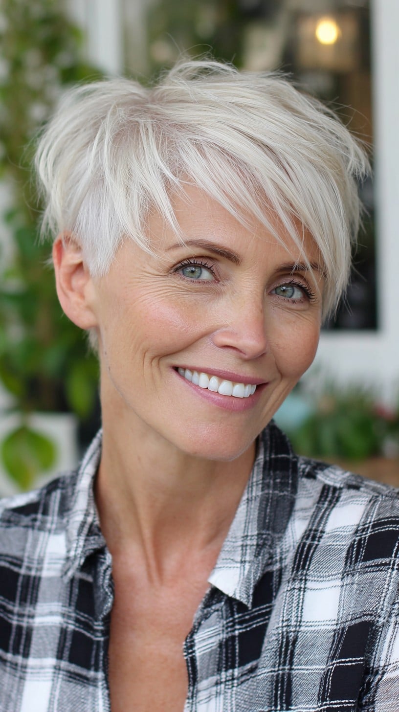 Platinum Textured Pixie with Swept Fringe and Crown Lift