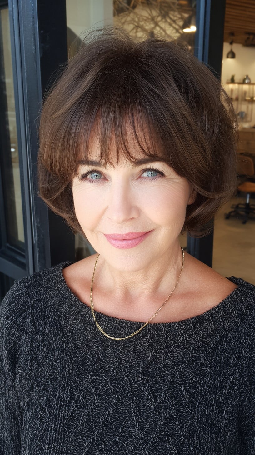 Rounded Chocolate Layered Bob with Soft Curtain Fringe