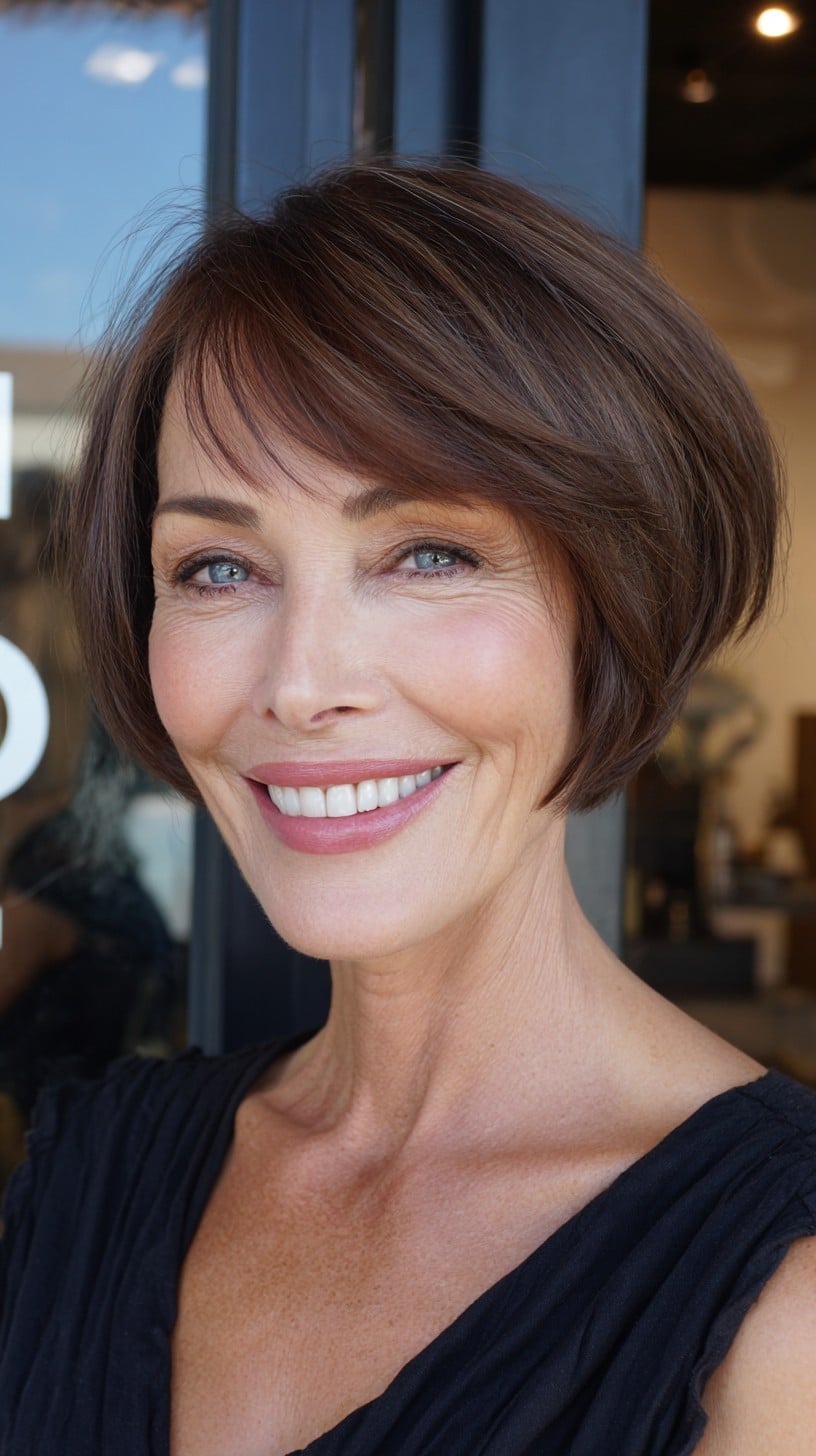 Rounded Stacked Jaw-Length Bob with Feathered Side Bangs