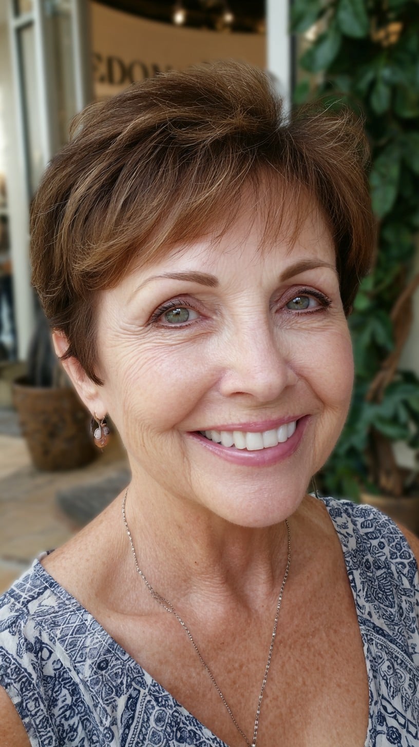 Short Chestnut Layered Pixie with Delicate Feathered Bangs