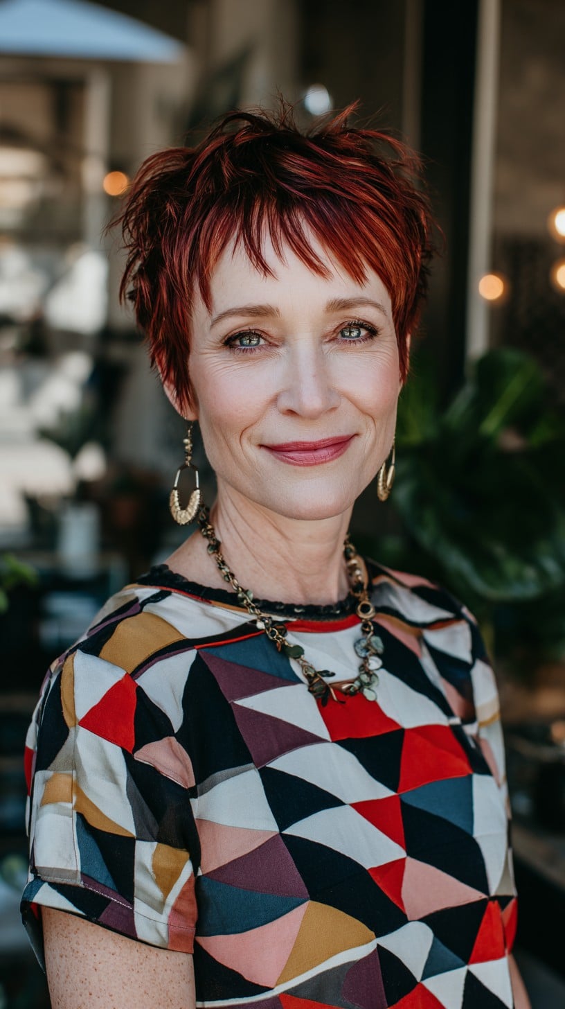 Short Choppy Pixie with Micro Fringe and Warm Red Dimension