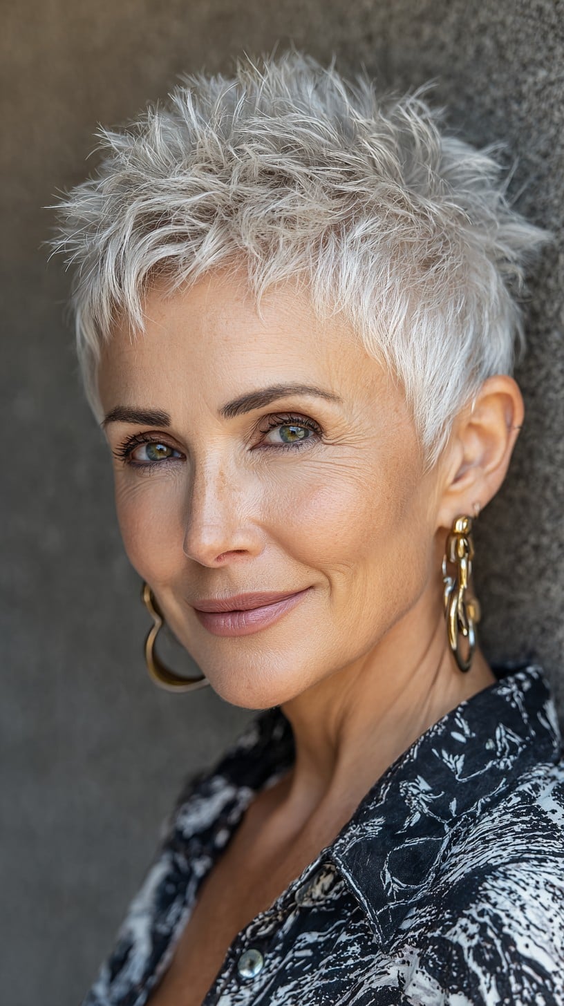 Short Choppy White-Silver Pixie with Spiky Crown and Tapered Nape
