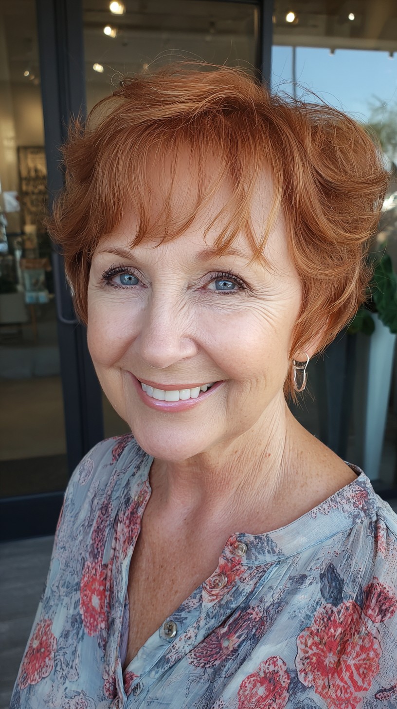 Short Copper Pixie with Wispy Micro Bangs and Crown Lift