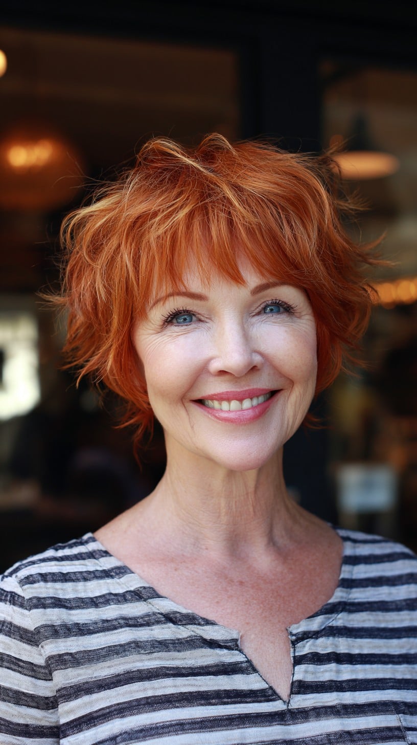 Short Copper Textured Shag with Wispy Soft Bangs