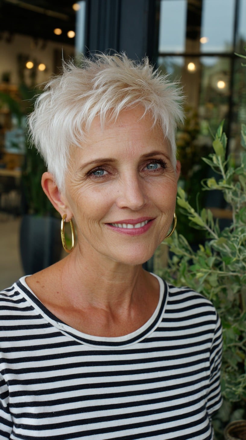 Short Feathered Platinum Pixie with Tousled Fringe