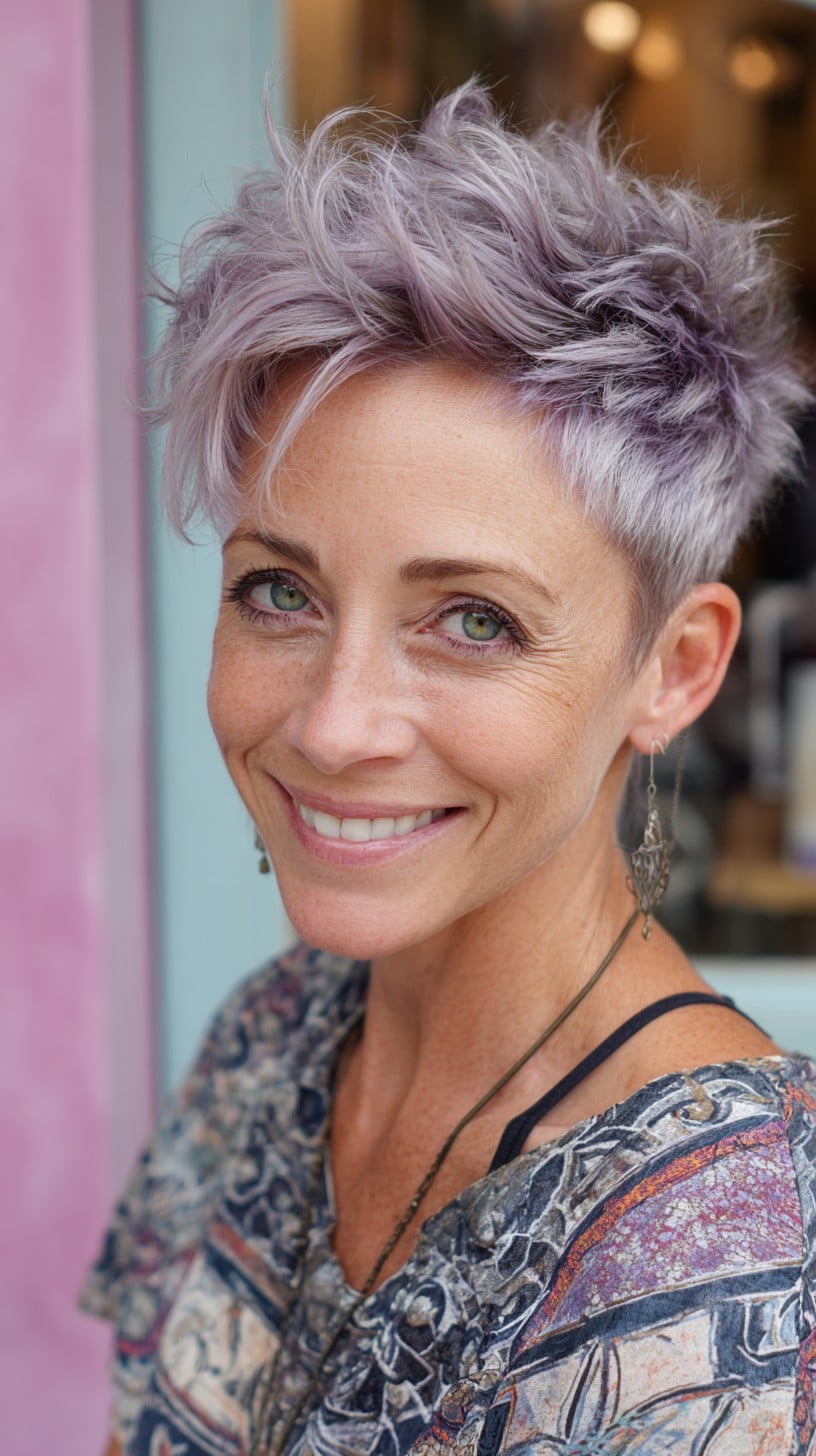 Short Lavender-Silver Pixie with Razor-Textured Crown