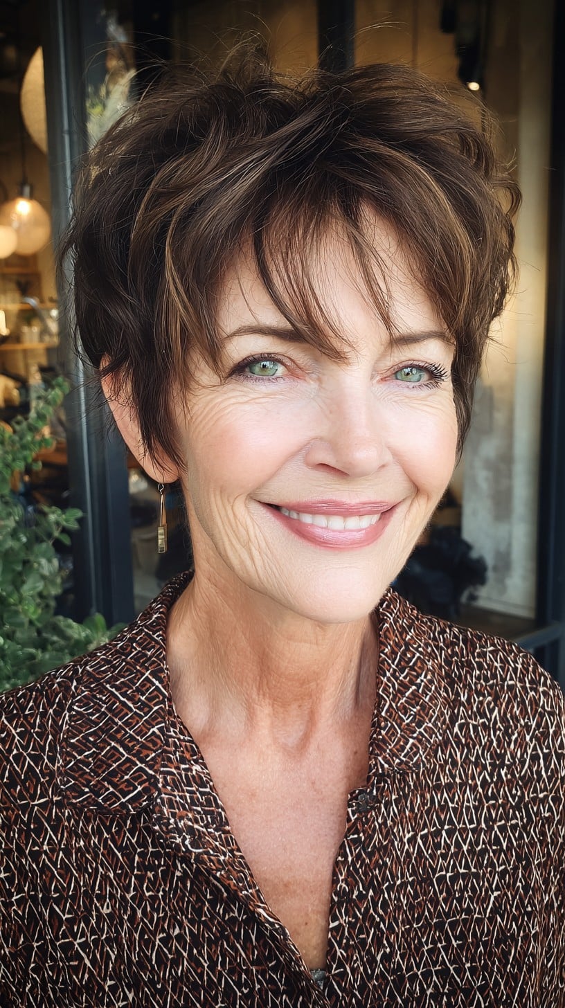 Short Layered Pixie with Wispy Curtain Micro-Bangs and Crown Lift