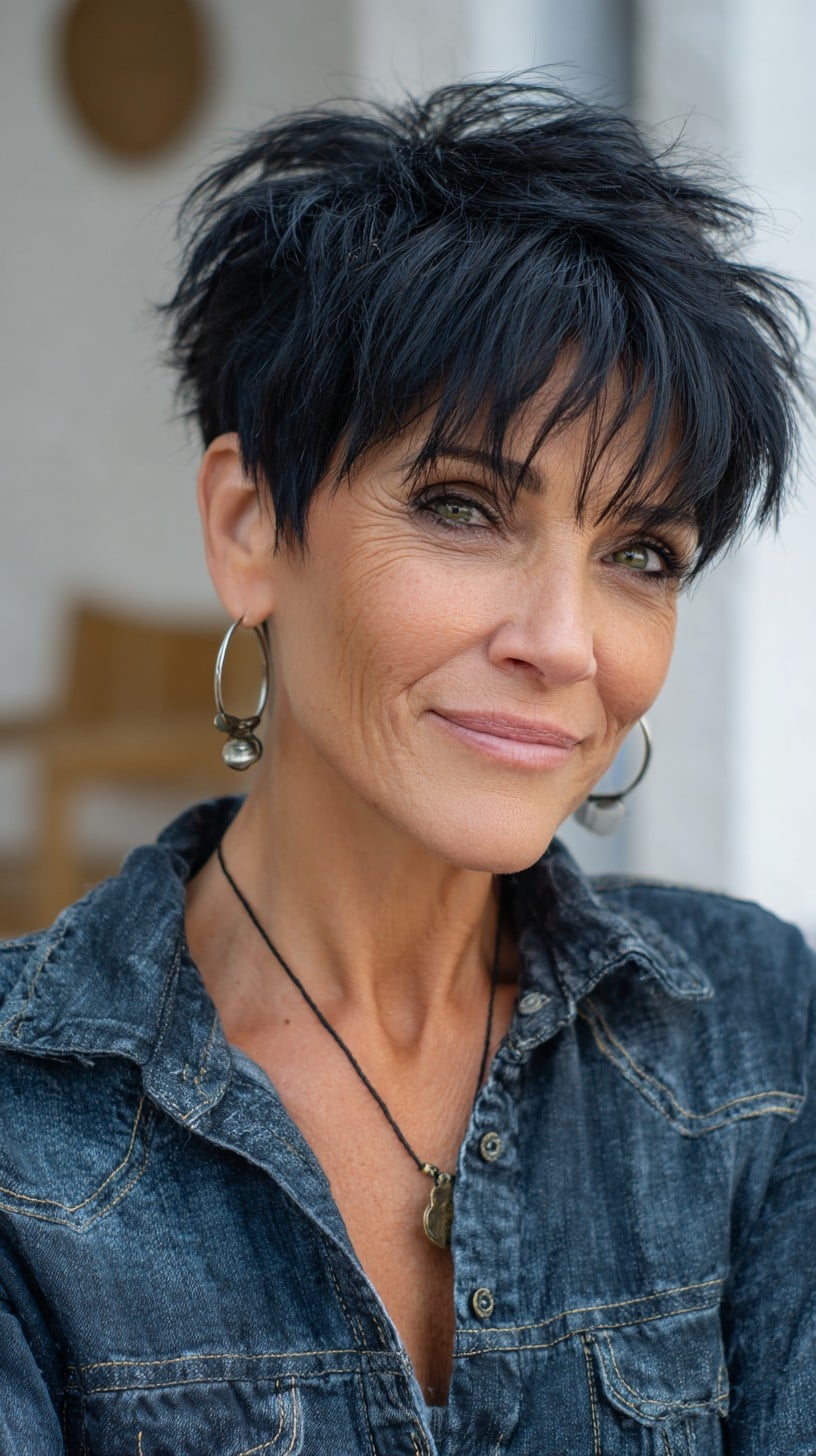 Short Razor-Textured Pixie with Micro Fringe and Deep Blue-Black Tone
