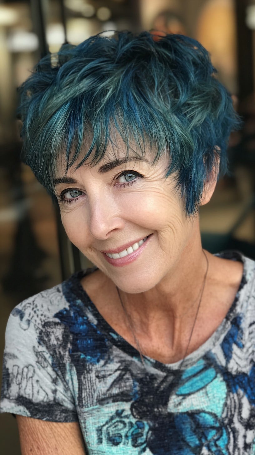 Short Teal Textured Pixie with Wispy Fringe and Tapered Sides