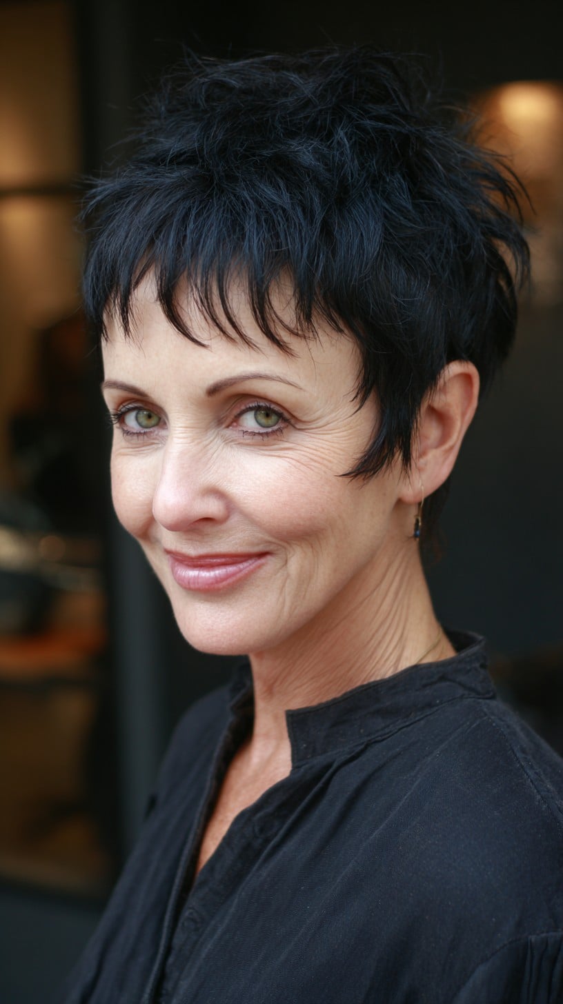 Short Textured Jet-Black Pixie with Wispy Fringe