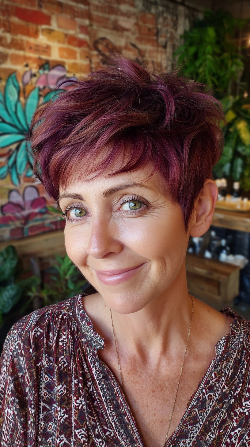 Short Textured Pixie with Berry-Red Depth