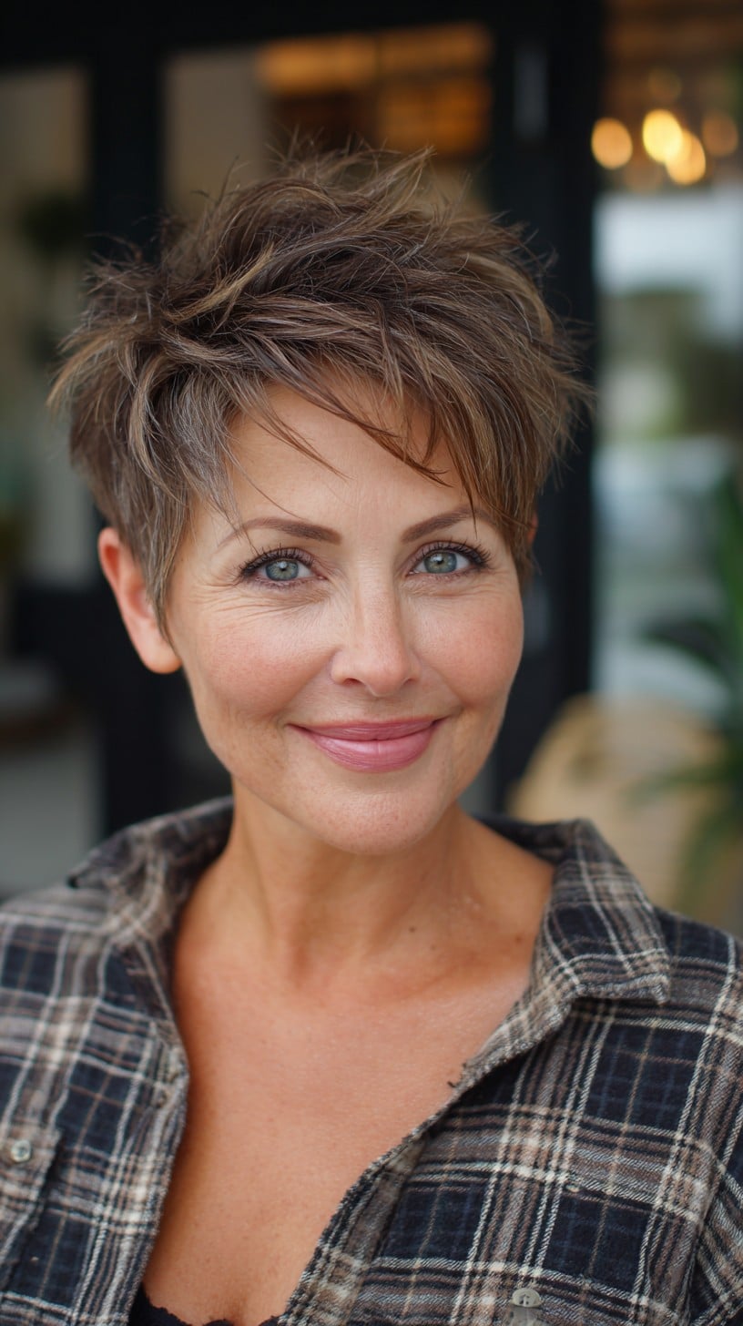 Short Textured Pixie with Feathered Crown and Warm Ash-Brown Lowlights