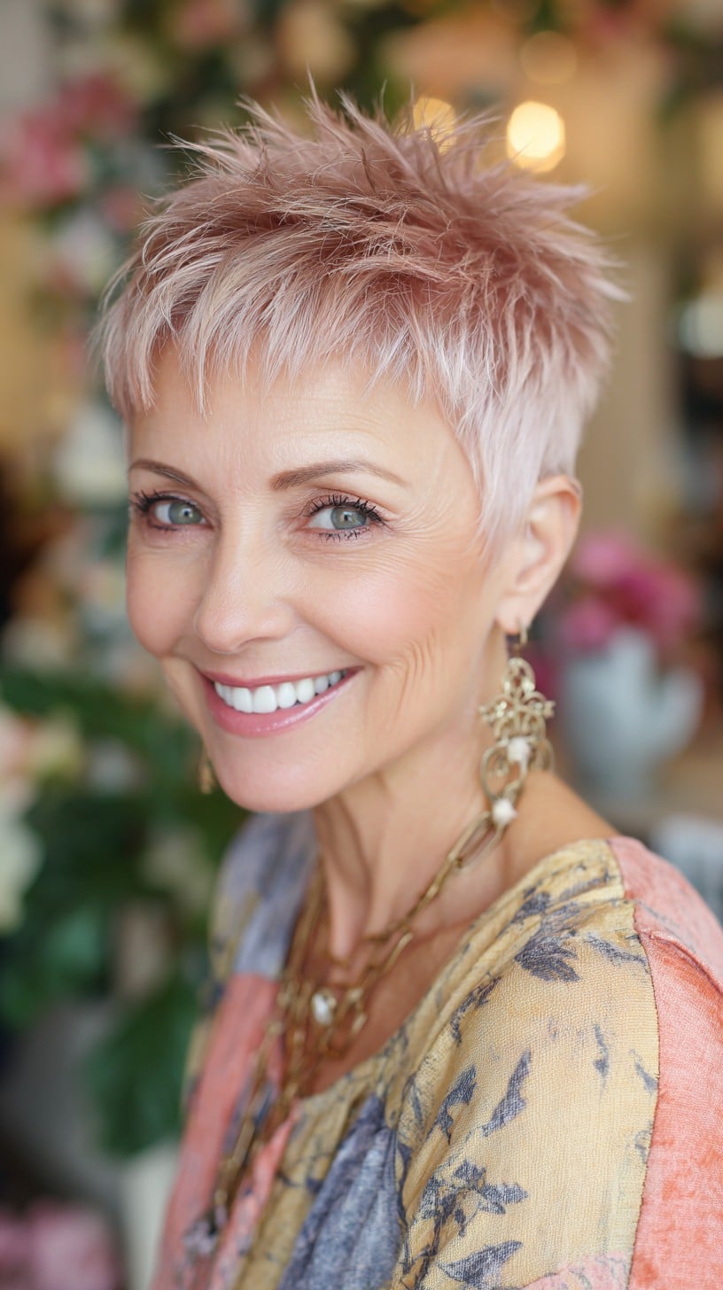 Short Textured Pixie with Pastel Rose-Gold and Feathered Micro-Bangs