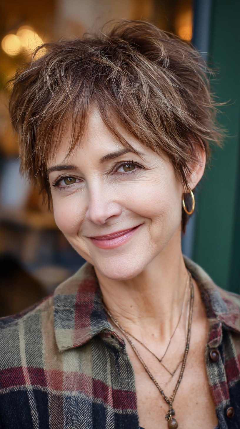 Short Tousled Pixie with Warm Caramel Peekaboo Highlights