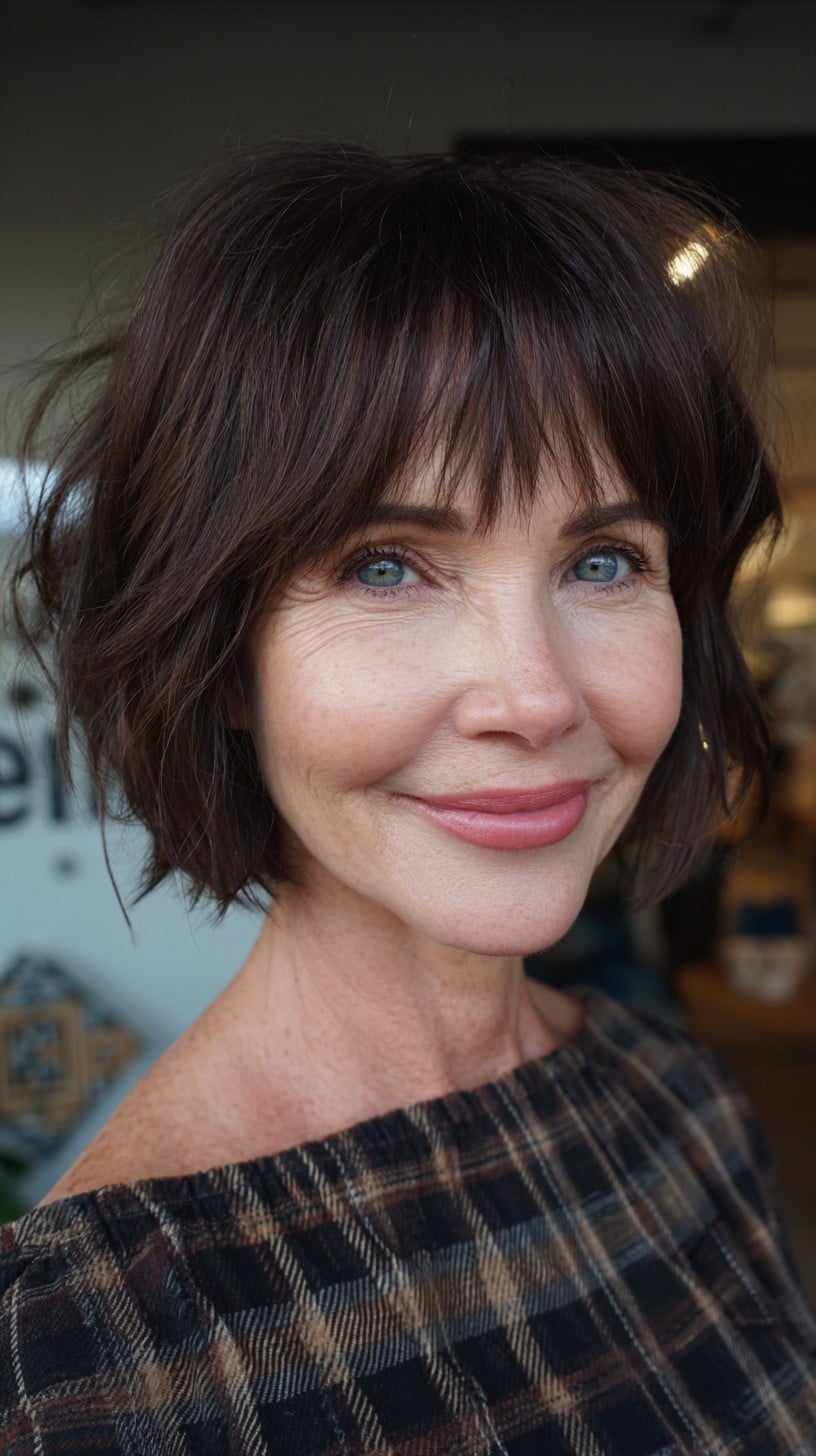 Soft Chocolate Textured Bob with Wispy Micro-Fringe