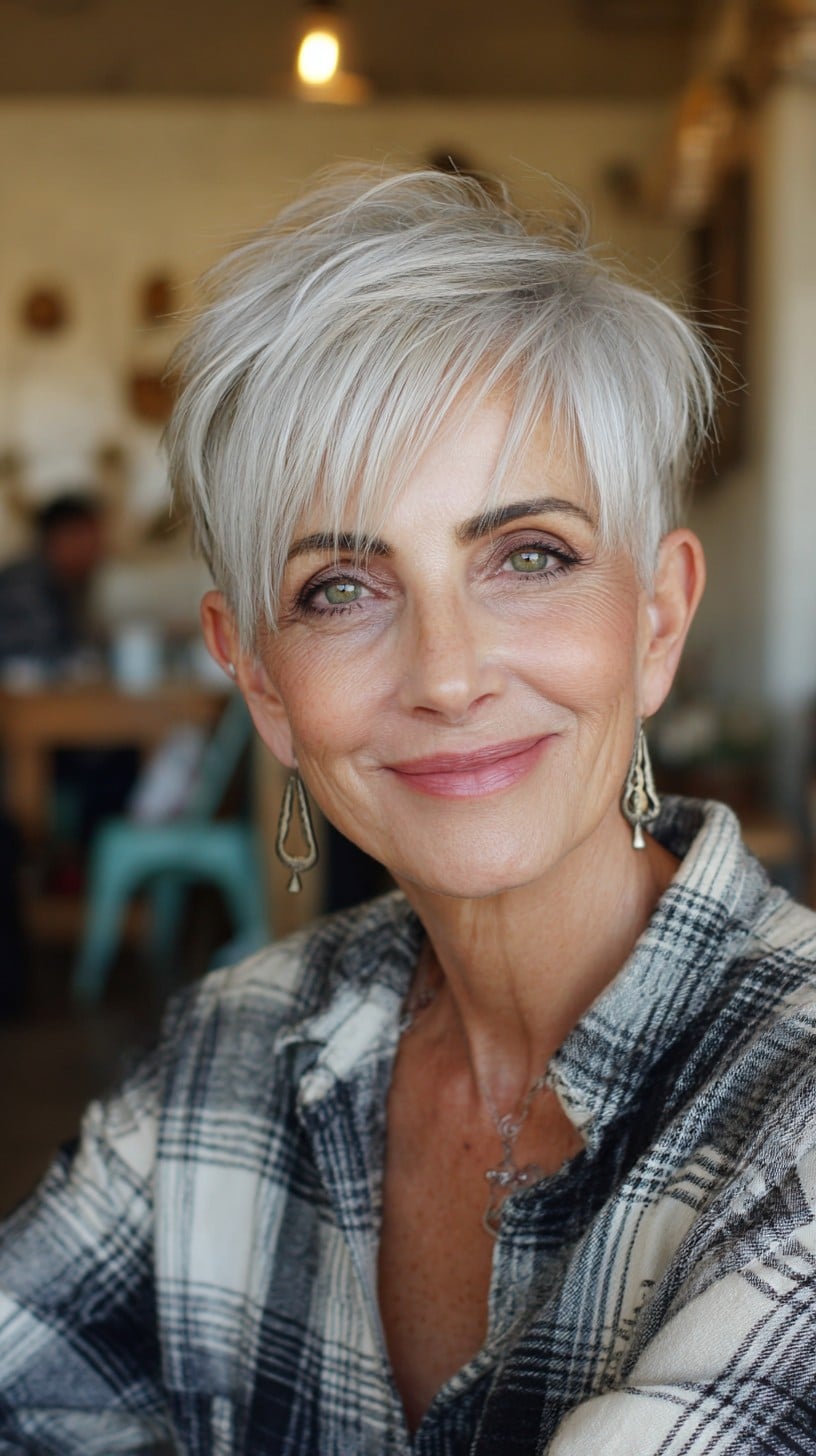 Soft Feathered Silver Pixie with Side-Swept Micro-Bangs
