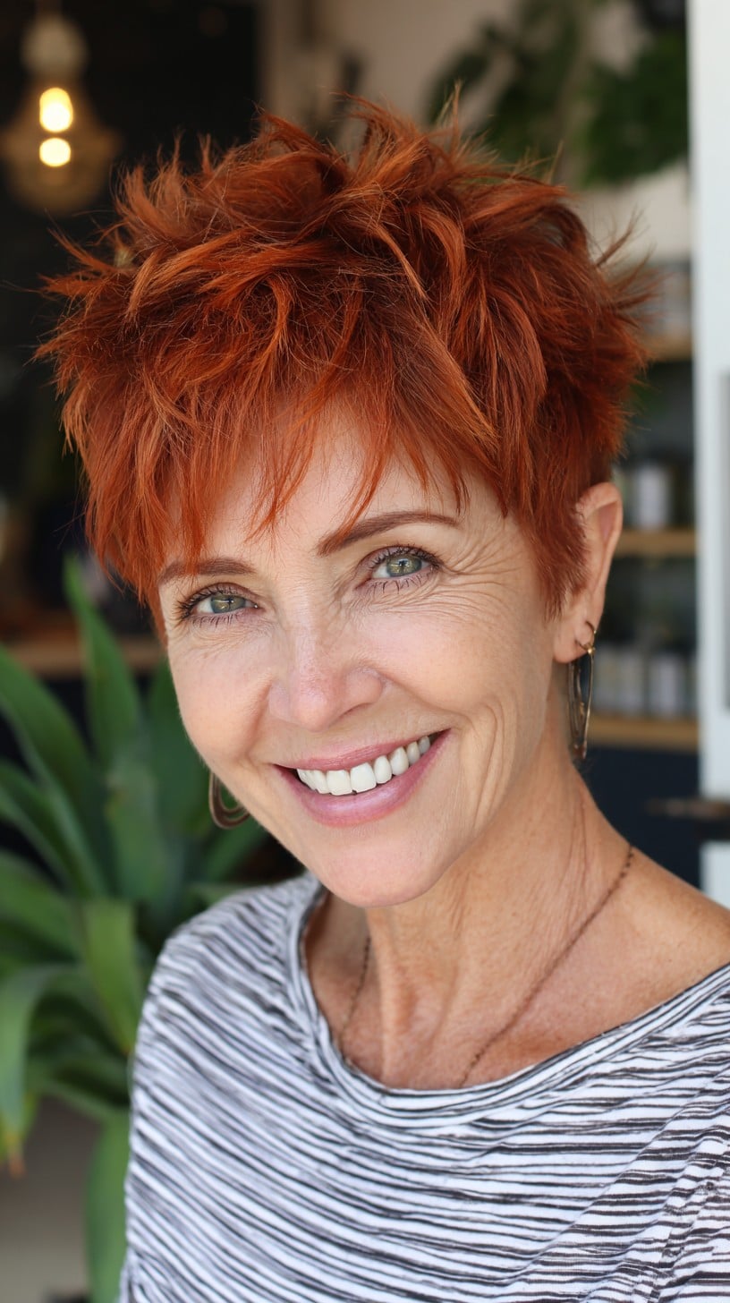 Spiky Copper Pixie with Chiseled Fringe and Tapered Nape