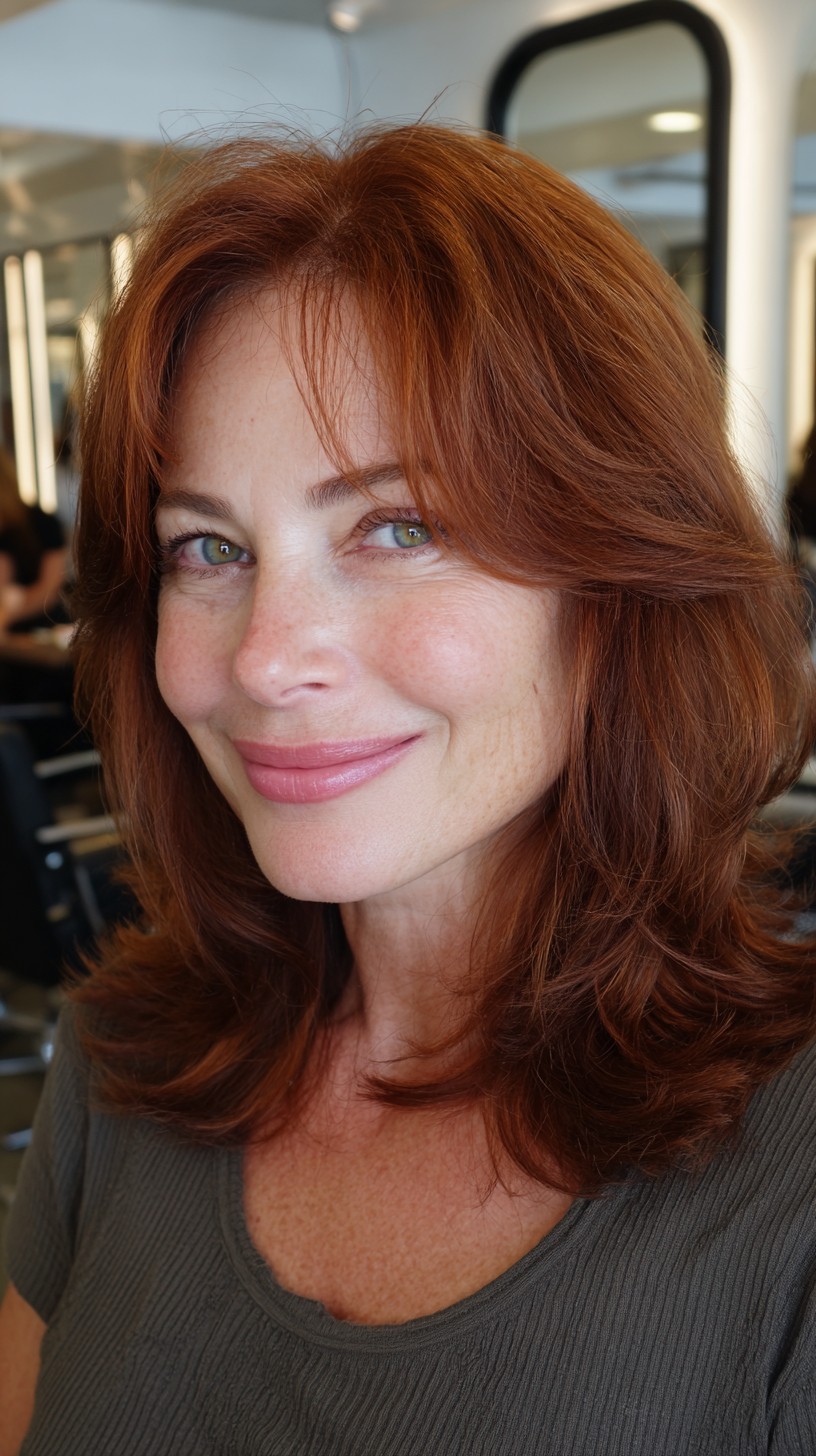 Sunset Auburn Mid-Length Hush Cut with Airy Face‑Framing Layers