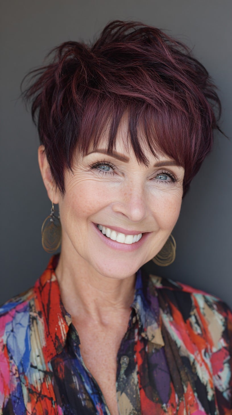 Textured Plum Pixie with Soft Feathered Fringe