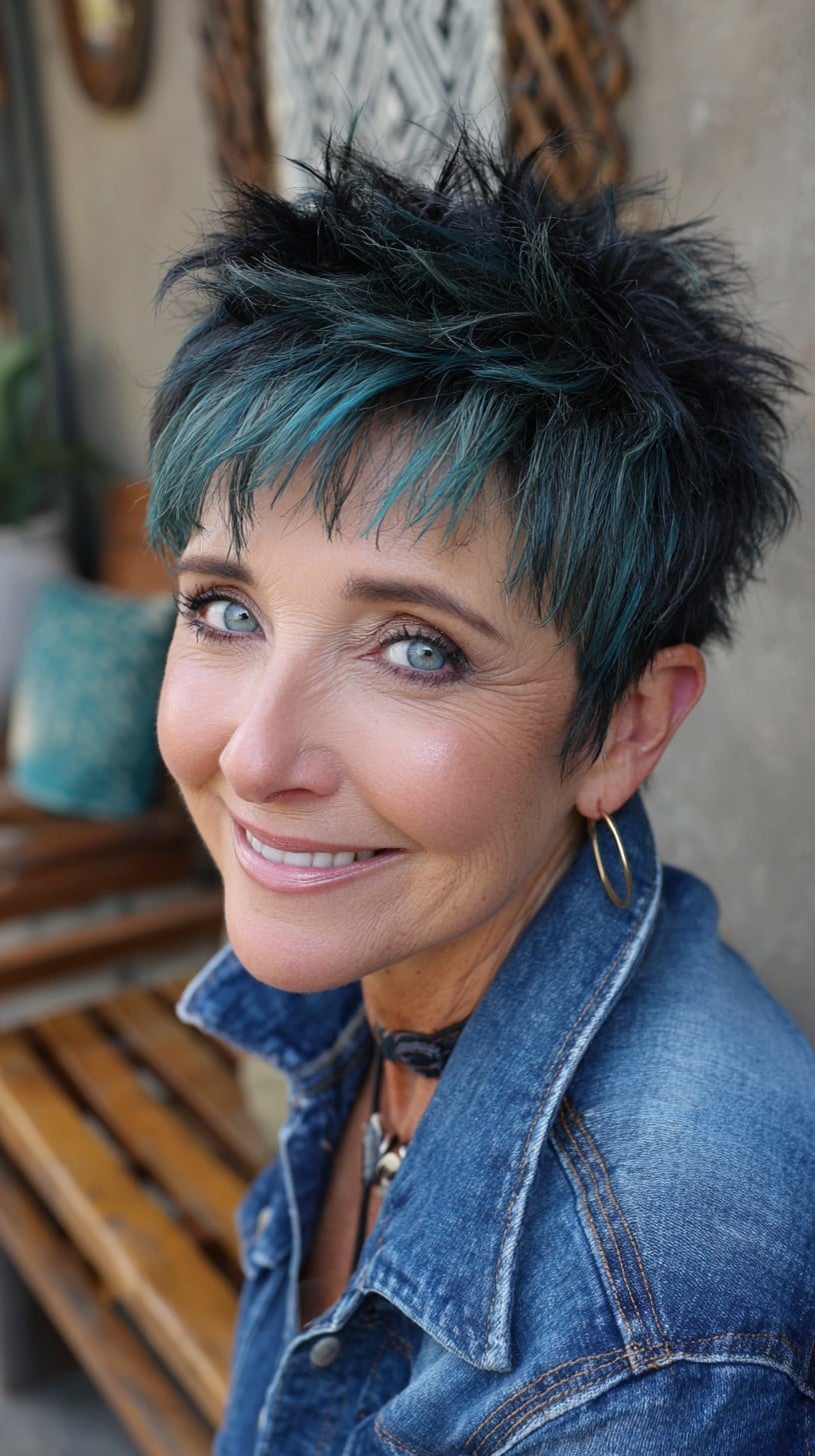 Textured Teal-Accent Cropped Pixie with Tapered Sides