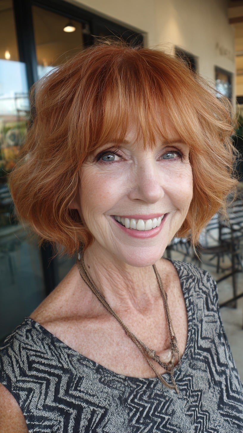 Textured Warm Copper Chin-Length Bob with Wispy Fringe