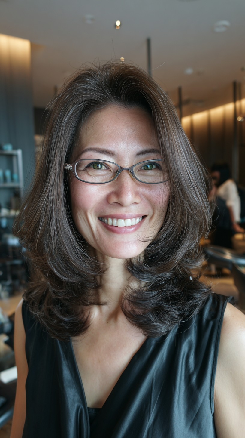 Voluminous Brunette Hush Cut with Rounded Face‑Framing Layers