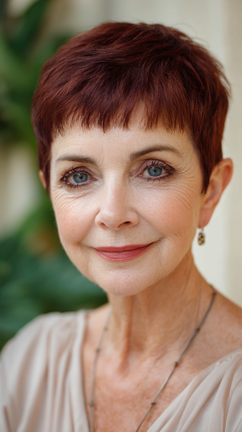 Warm Auburn Pixie with Textured Micro-Bangs and Tapered Nape