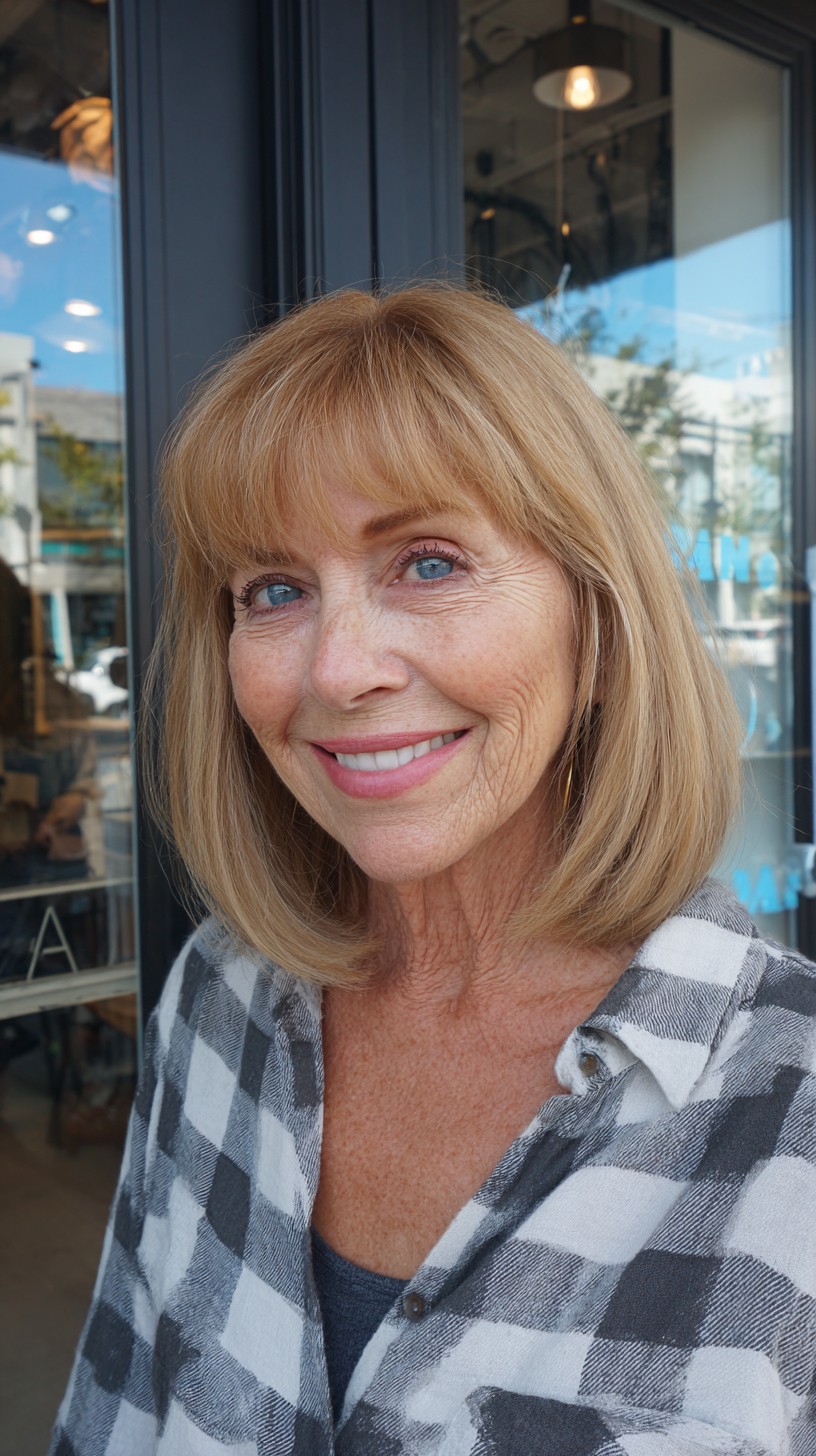 Warm Blended Blonde Shoulder-Grazing Lob with Wispy Brow-Grazing Bangs