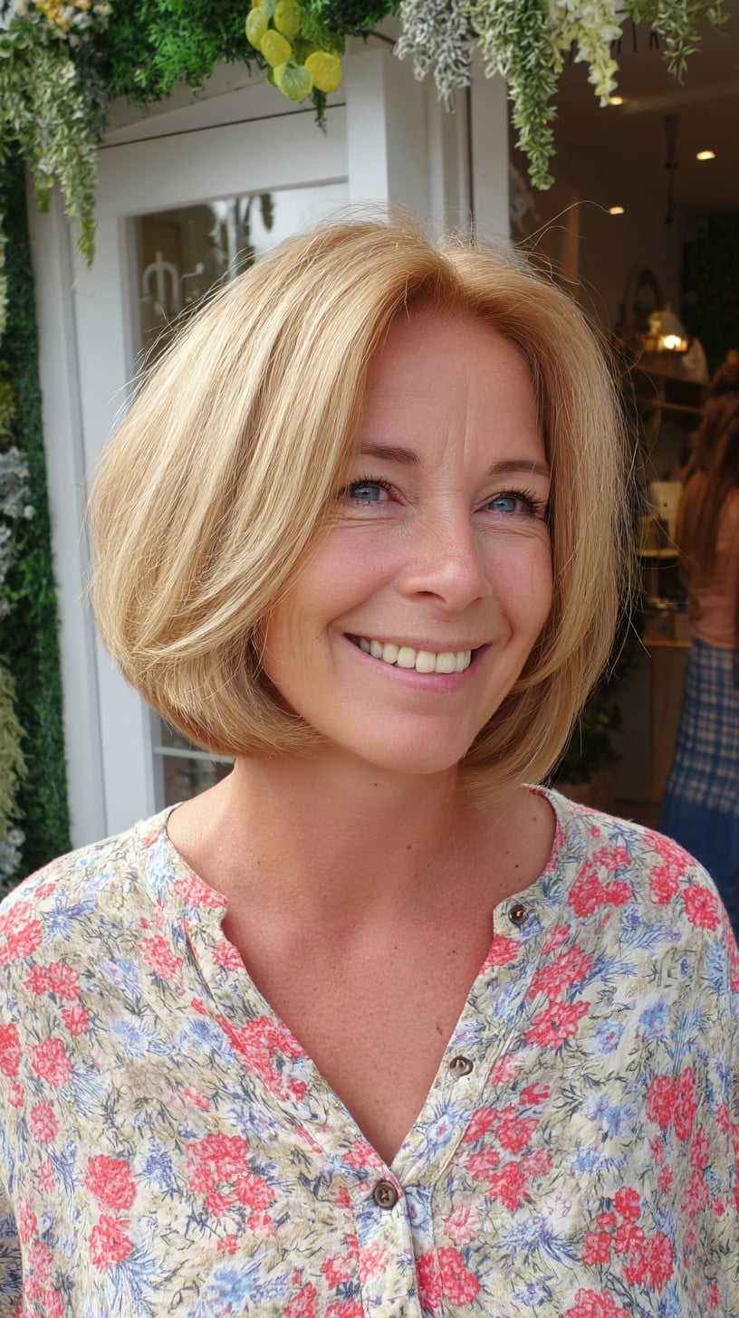 Warm Blonde Rounded Stacked Bob with Face-Framing Layers