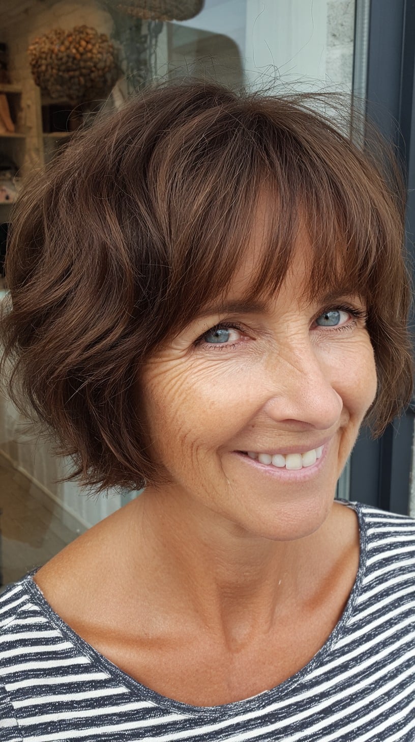 Warm Chocolate Layered Bob with Wispy Brow-Fringe