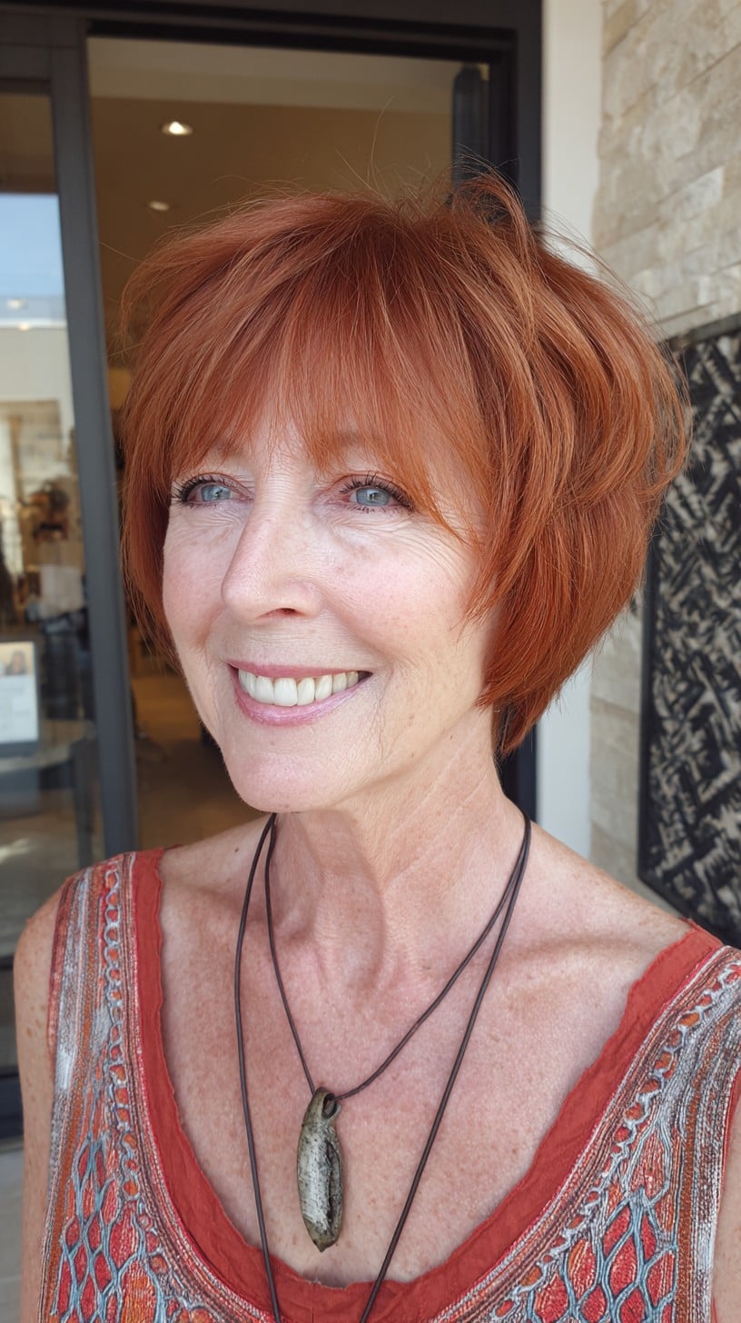 Warm Copper Graduated Bob with Feathered Micro-Fringe