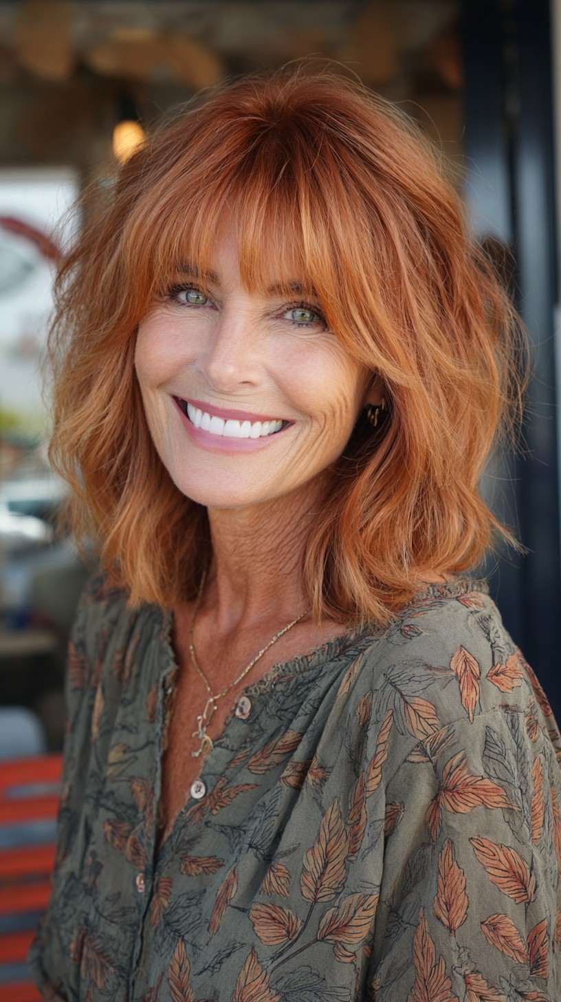 Warm Copper Lob with Feathered Curtain Fringe