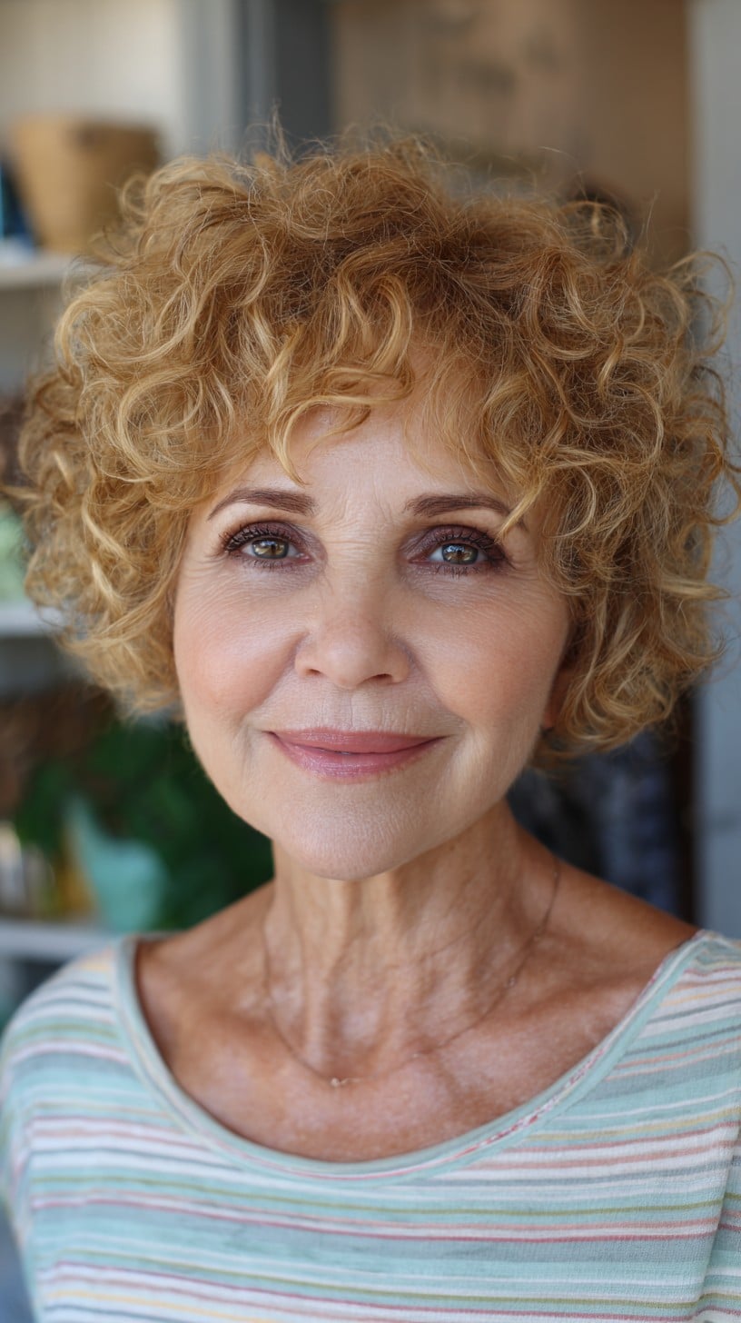 Warm Strawberry-Blonde Curly Crop with Micro-Fringe