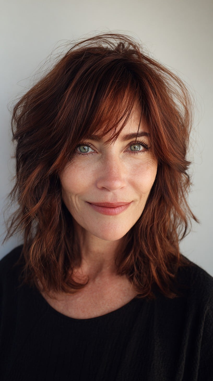 Auburn Mid-Length Layered Wolf Shag with Face-Framing Curtain Fringe