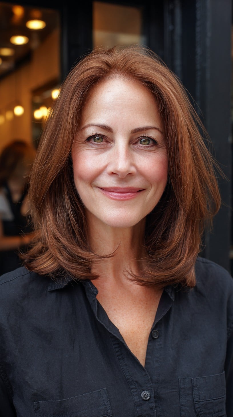 Warm Auburn Shoulder-Length Rounded Layers with Root-Lifted Crown