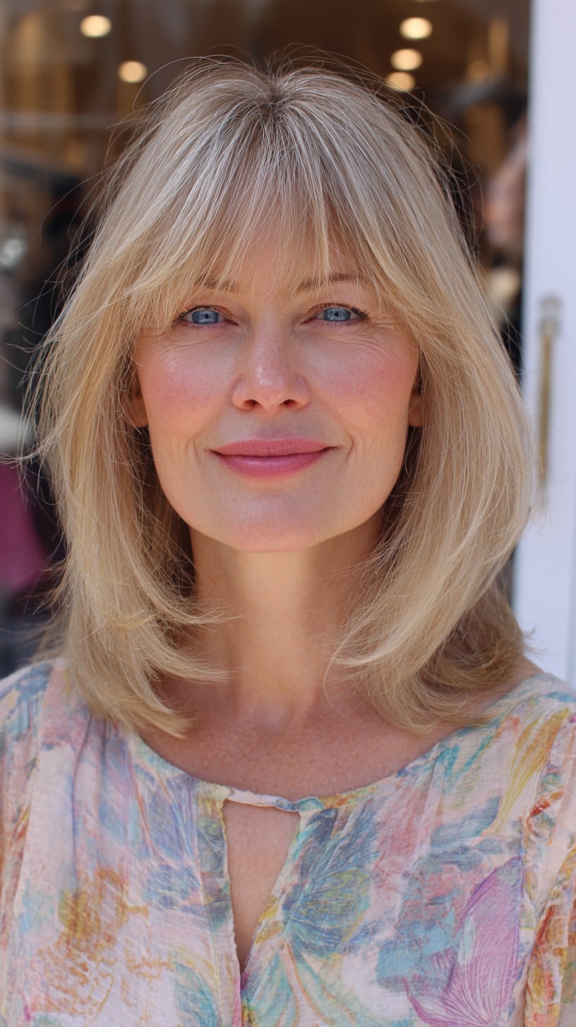 Blended Blonde Mid-Length Lob with Feathered Brow-Grazing Fringe