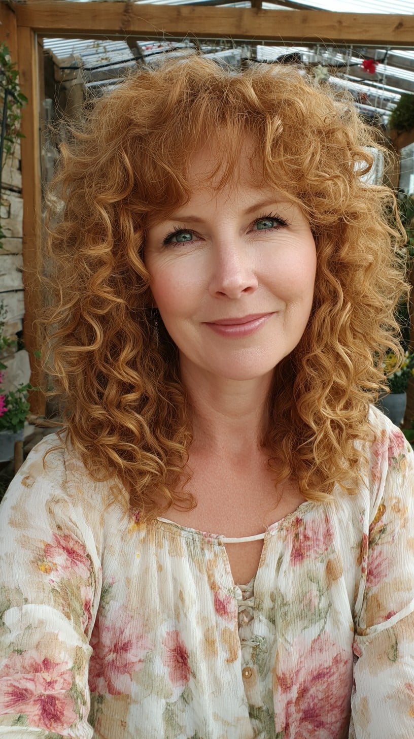 Bouncy Copper Ringlet Lob with Soft Curly Fringe