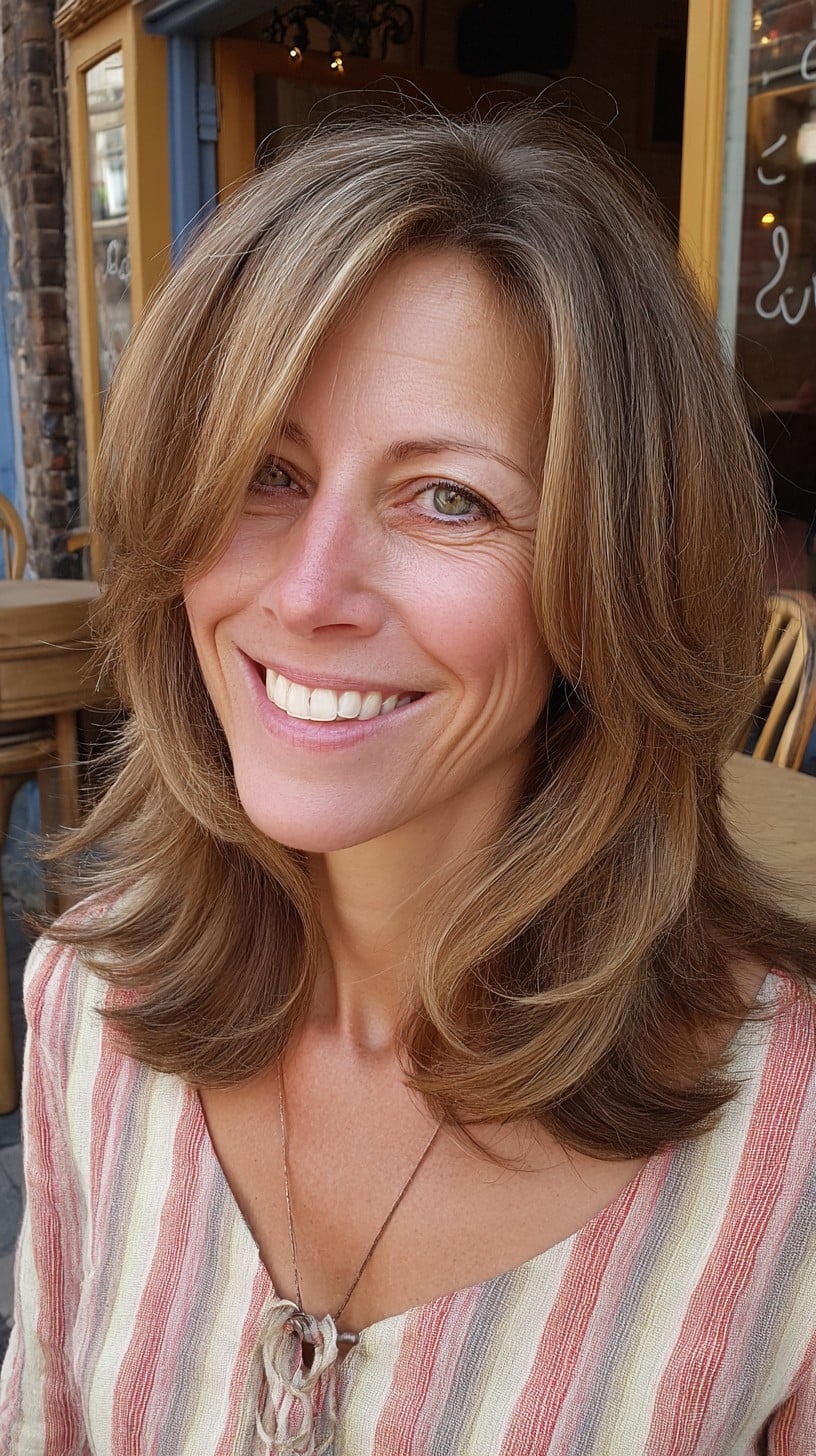 Bronde Shoulder-Length Layers with Curtain Sweep and Crown Elevation